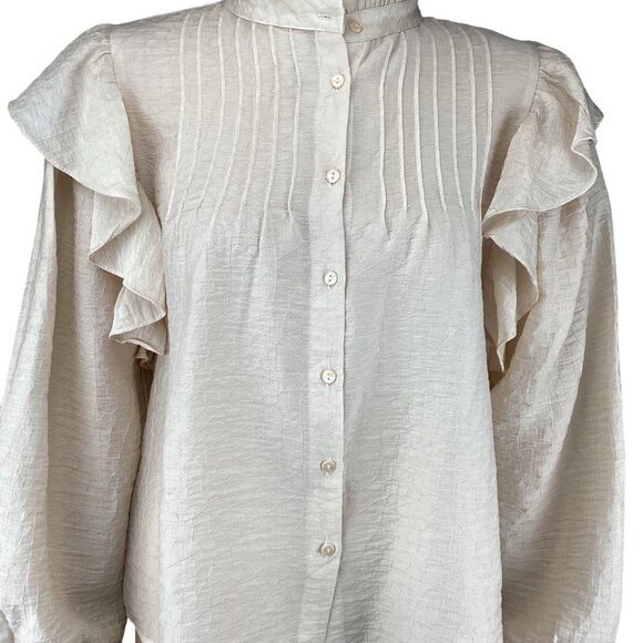 MNG Mango Lyocell Blouse Top Size Small Beige Ruffle Shoulder Long‎ Sleeve - Picture 5 of 10
